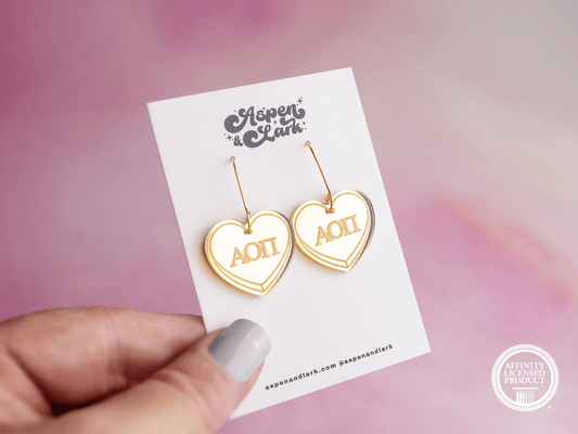 Alpha Phi Earrings - Sorority Earrings - Mirror Conversation Hearts in Gold Pink or Silver