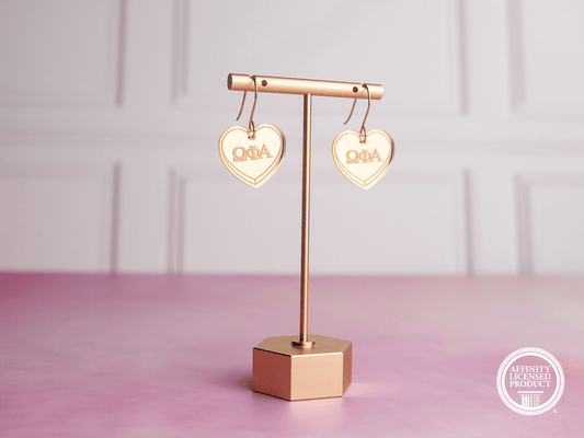 Omega Phi Alpha Earrings - Sorority Earrings - Mirror Conversation Hearts in Gold Pink or Silver