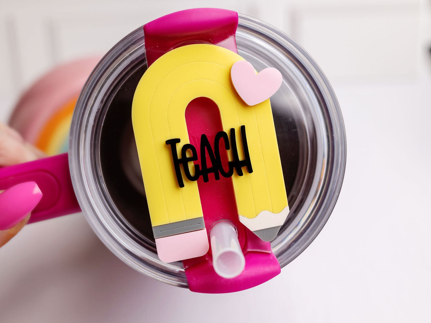 Teacher Tumbler Tag for Stanley - Rainbow Pencil Shaped Tumbler Topper for Teacher - Teacher Appreciation Gift