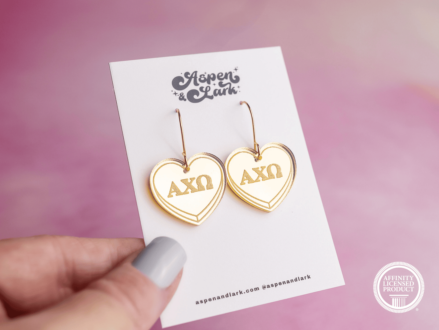 Alpha Chi Omega Earrings - Sorority Earrings - Mirror Conversation Hearts in Gold Pink or Silver