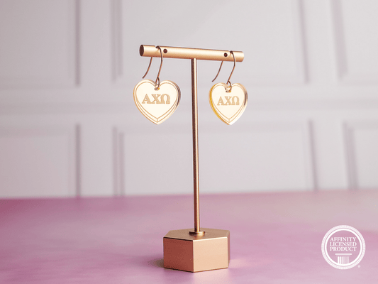 Alpha Chi Omega Earrings - Sorority Earrings - Mirror Conversation Hearts in Gold Pink or Silver
