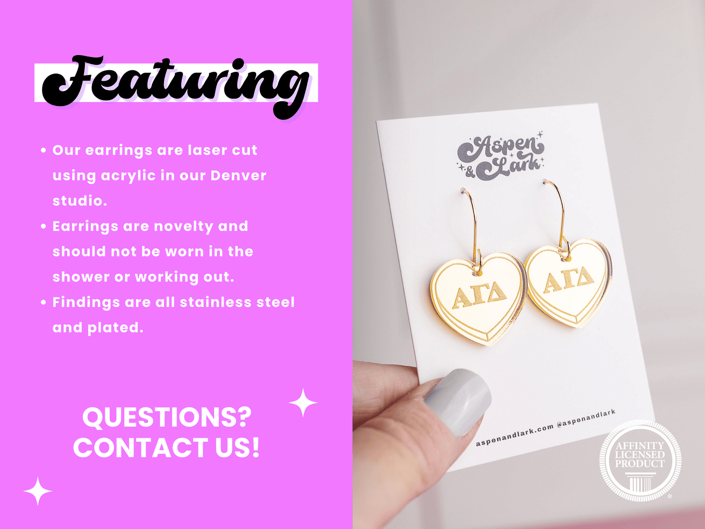 Alpha Gamma Delta Earrings - Sorority Earrings - Mirror Conversation Hearts in Gold Pink or Silver