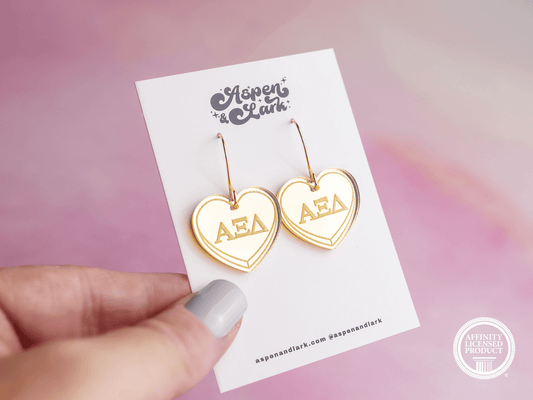 Alpha Xi Delta Earrings - Sorority Earrings - Mirror Conversation Hearts in Gold Pink or Silver