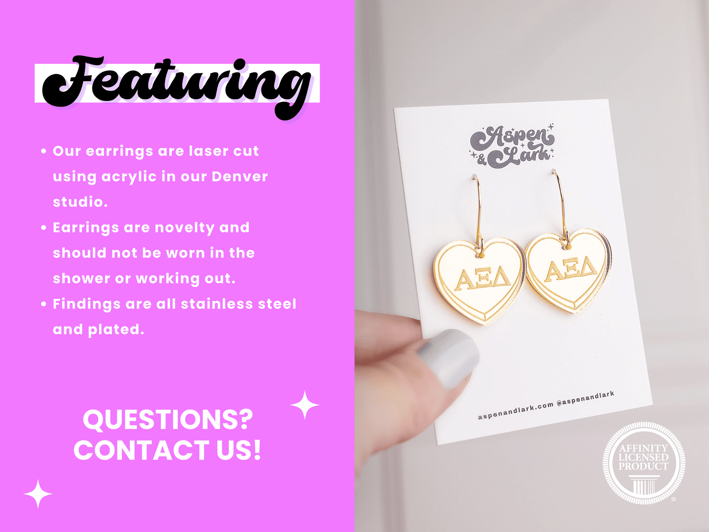 Alpha Xi Delta Earrings - Sorority Earrings - Mirror Conversation Hearts in Gold Pink or Silver