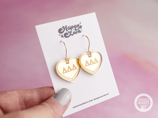 Delta Delta Delta Earrings - Sorority Earrings - Mirror Conversation Hearts in Gold Pink or Silver