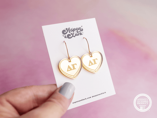 Delta Gamma Earrings - Sorority Earrings - Mirror Conversation Hearts in Gold Pink or Silver