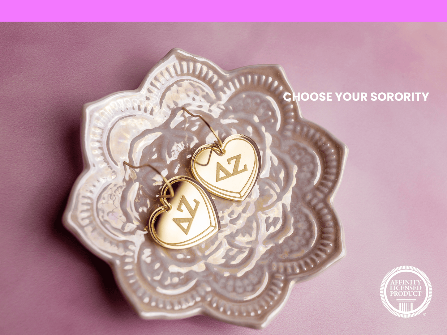 Delta Zeta Earrings - Sorority Earrings - Mirror Conversation Hearts in Gold Pink or Silver