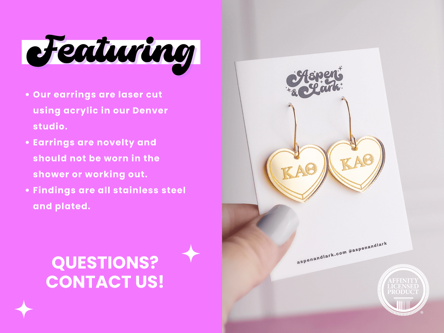 Kappa Alpha Theta Earrings - Sorority Earrings - Mirror Conversation Hearts in Gold Pink or Silver