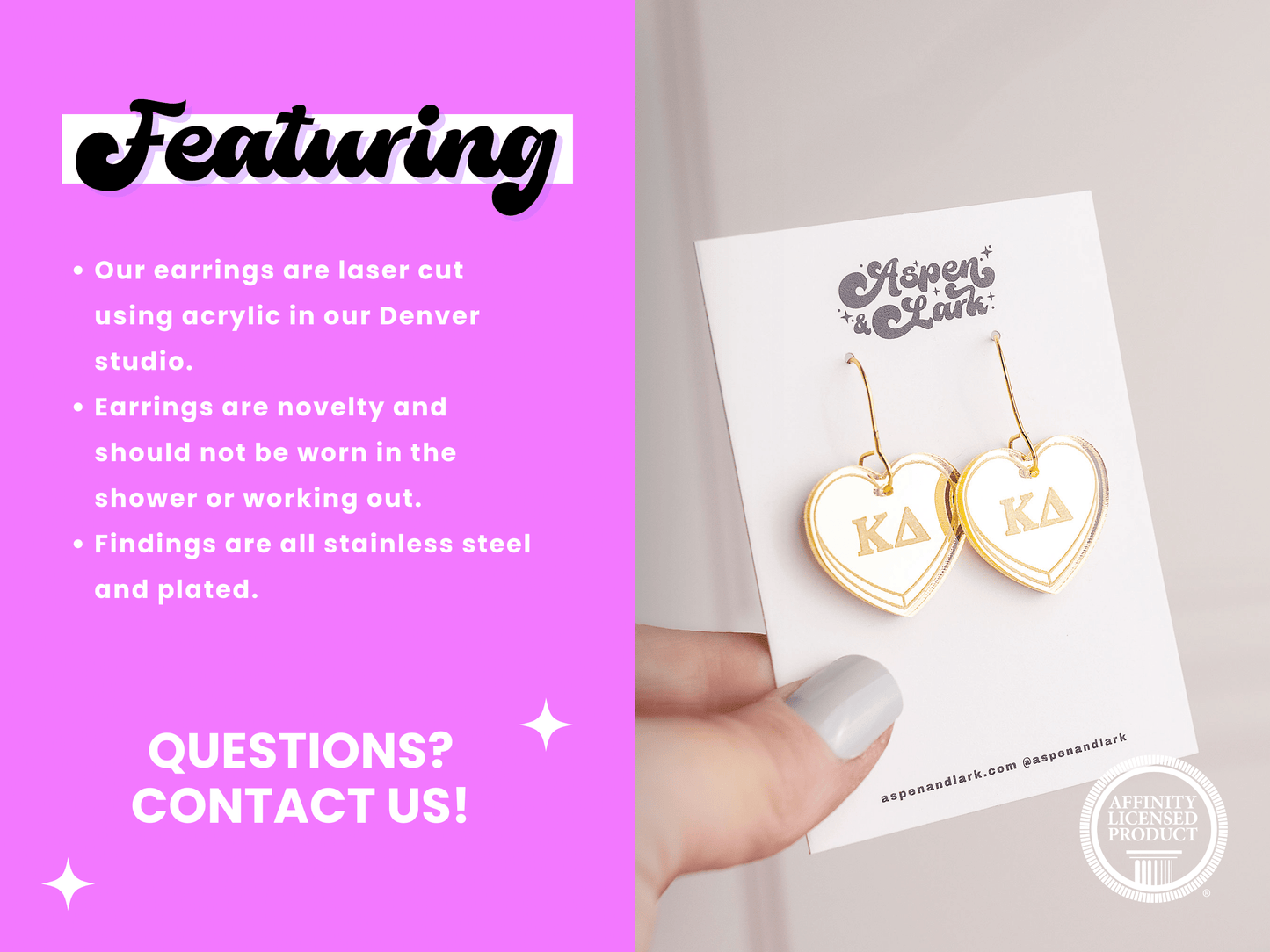 Kappa Delta Earrings - Sorority Earrings - Mirror Conversation Hearts in Gold Pink or Silver