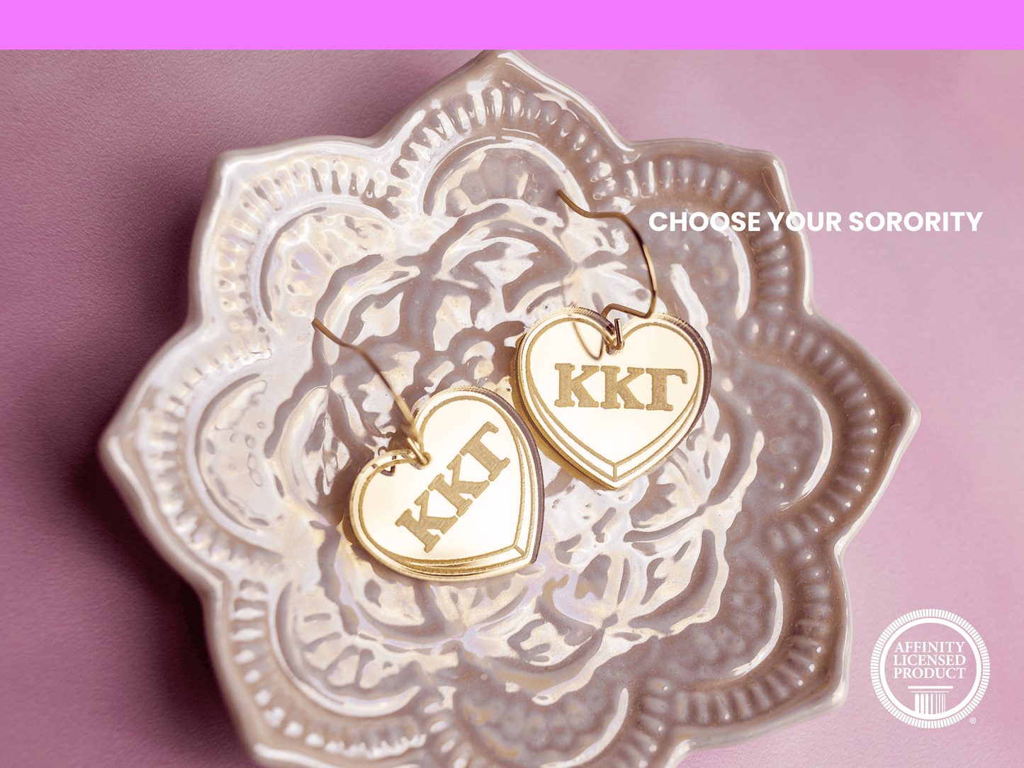 Kappa Kappa Gamma Earrings - Sorority Earrings - Mirror Conversation Hearts in Gold Pink or Silver