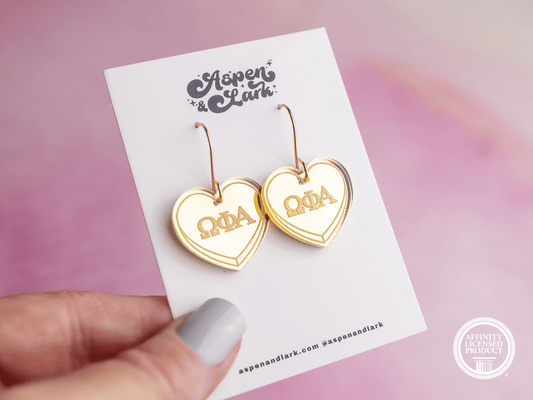 Omega Phi Alpha Earrings - Sorority Earrings - Mirror Conversation Hearts in Gold Pink or Silver