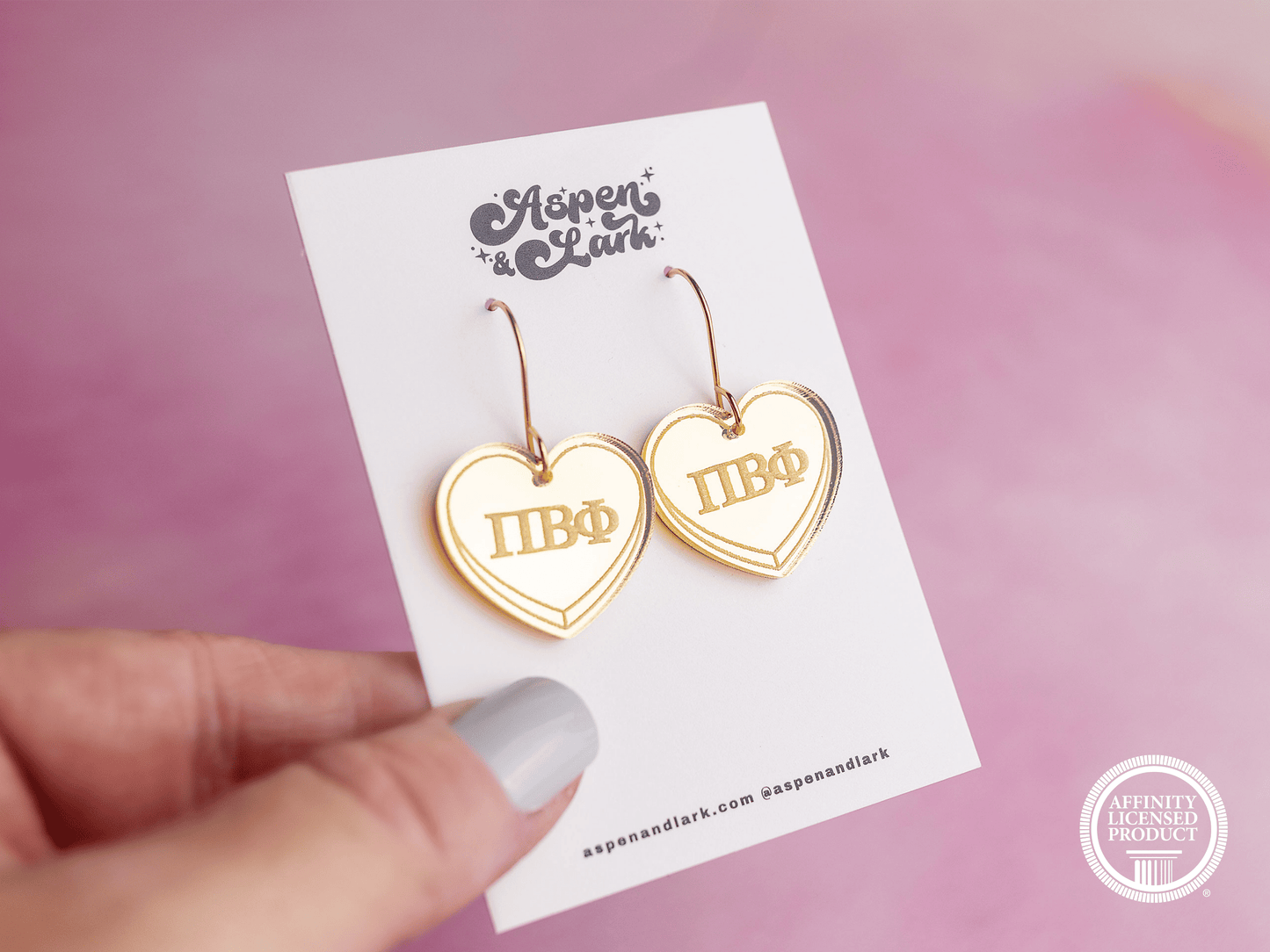 Pi Beta Phi Earrings - Sorority Earrings - Mirror Conversation Hearts in Gold Pink or Silver