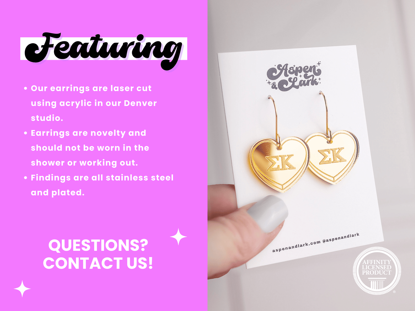 Sigma Kappa Earrings - Sorority Earrings - Mirror Conversation Hearts in Gold Pink or Silver