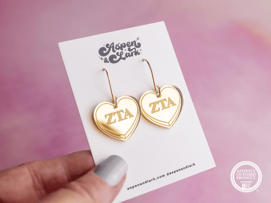 Zeta Tau Alpha Earrings - Sorority Earrings - Mirror Conversation Hearts in Gold Pink or Silver