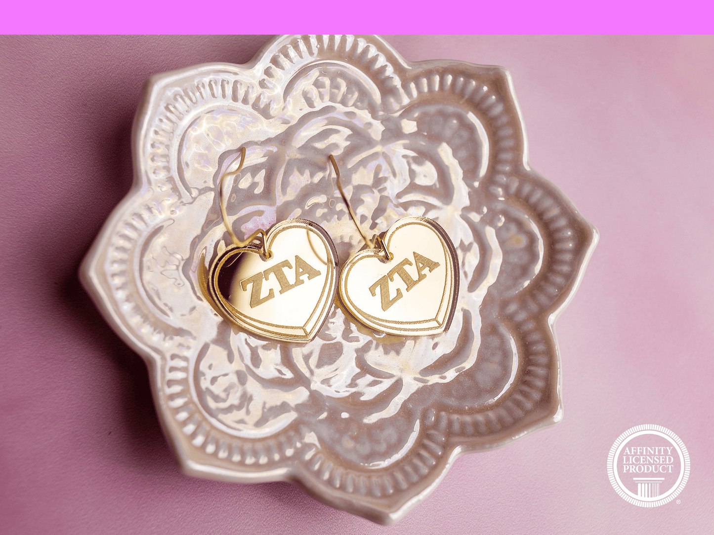 Zeta Tau Alpha Earrings - Sorority Earrings - Mirror Conversation Hearts in Gold Pink or Silver