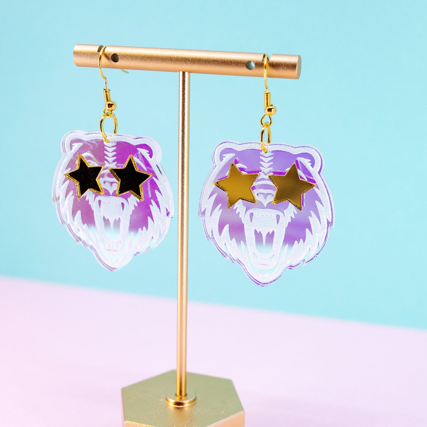 Bear Earrings - Iridescent Earrings - Bear Star Eye Earrings for Women - Mascot Earrings