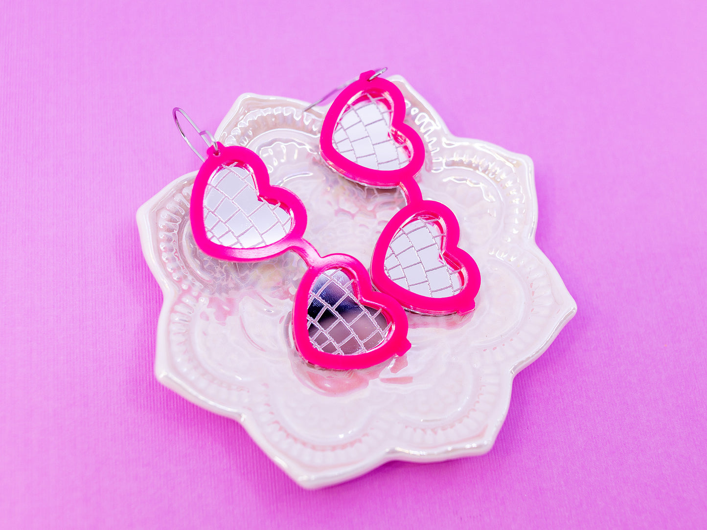 Valentine Earrings - Heart Sunglasses Earrings - Heart Disco Earrings - Acrylic Earrings Pink