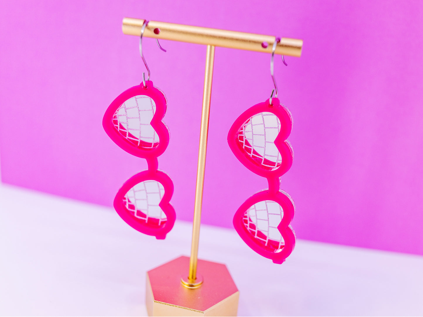 Valentine Earrings - Heart Sunglasses Earrings - Heart Disco Earrings - Acrylic Earrings Pink