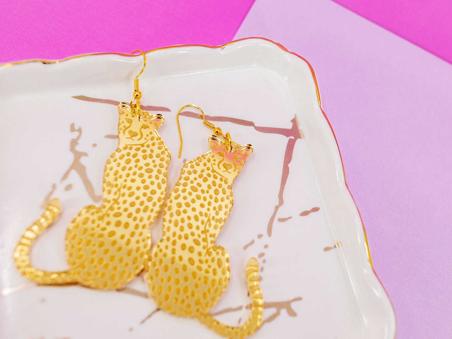 Gold Cheetah Earrings - Leopard Earrings - Gold Mirror Novelty Earrings - Safari Earrings