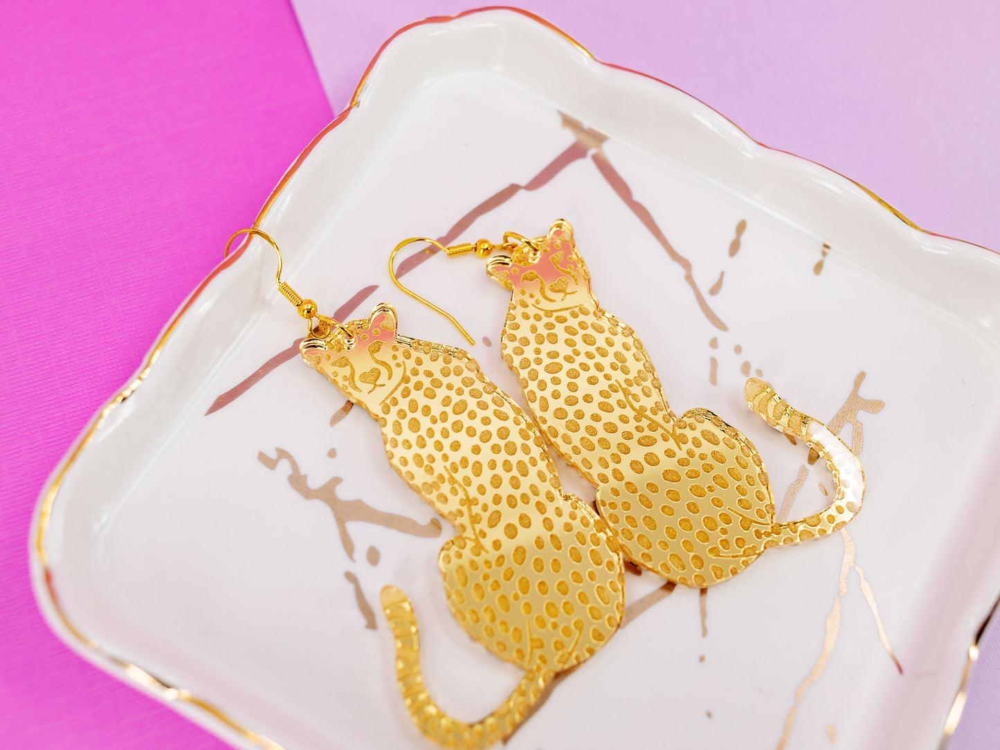 Gold Cheetah Earrings - Leopard Earrings - Gold Mirror Novelty Earrings - Safari Earrings