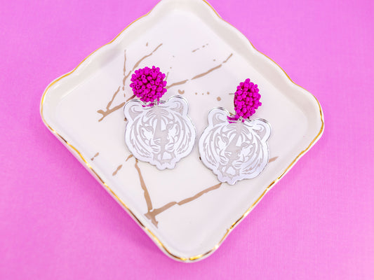 Pink and Silver Tiger Earrings - Mirror Earrings for Sports - Mascot Earrings