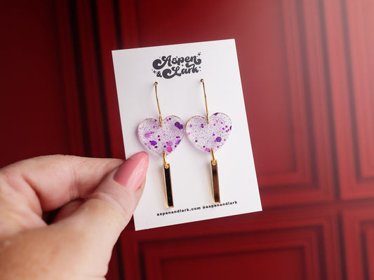 Valentines Day Earrings - Heart Earrings - Lollipop Glitter Earrings for Women - Purple Glitter