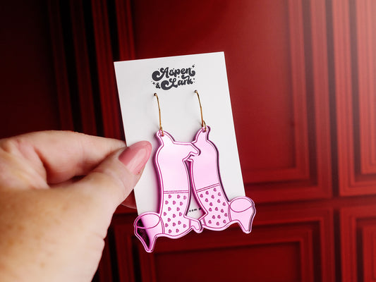 Weiner Dog Earrings - Valentine Earrings - Dog Earrings - Mirror Acrylic Earrings - Pink