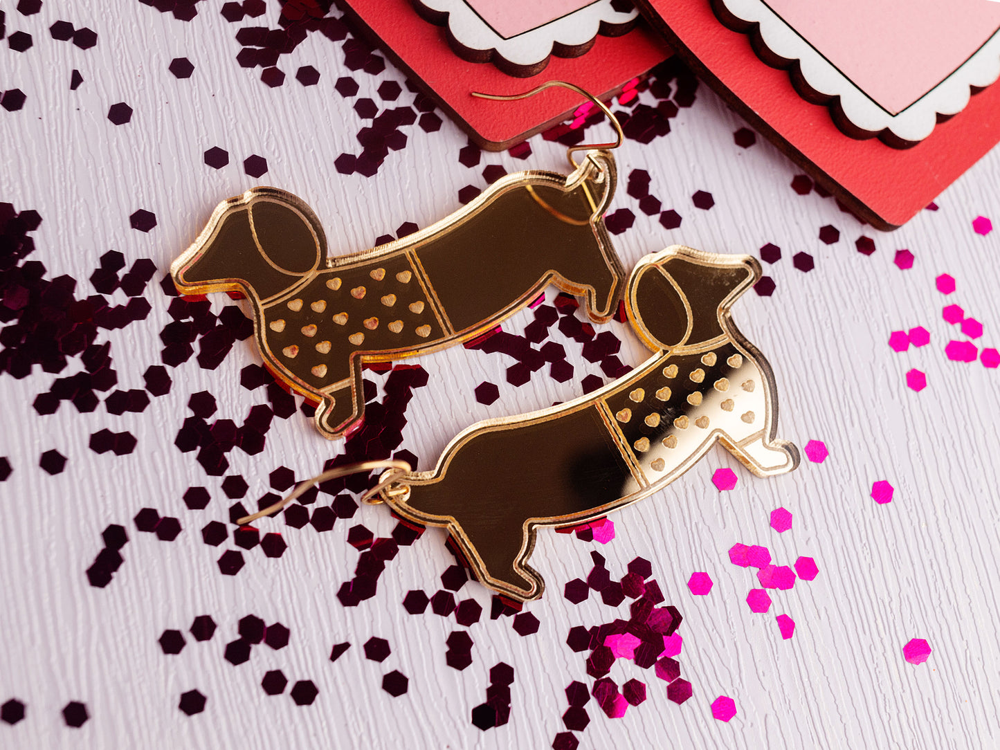 Weiner Dog Earrings - Valentine Earrings - Dog Earrings - Mirror Acrylic Earrings - Gold